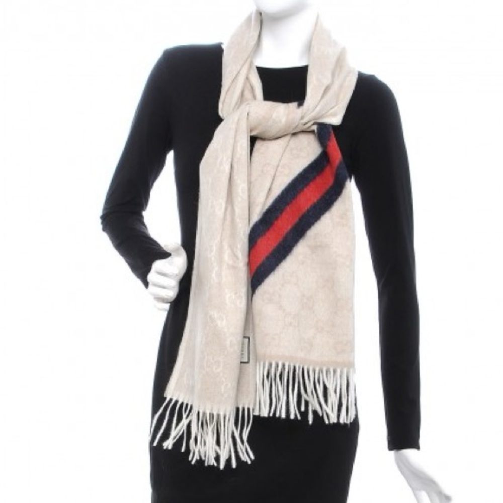 💝💝💝GUCCI AUTHENTIC NEW Wool Monogram Web Scarf, beige/blue/red💝💝💝 - Picture 12 of 15